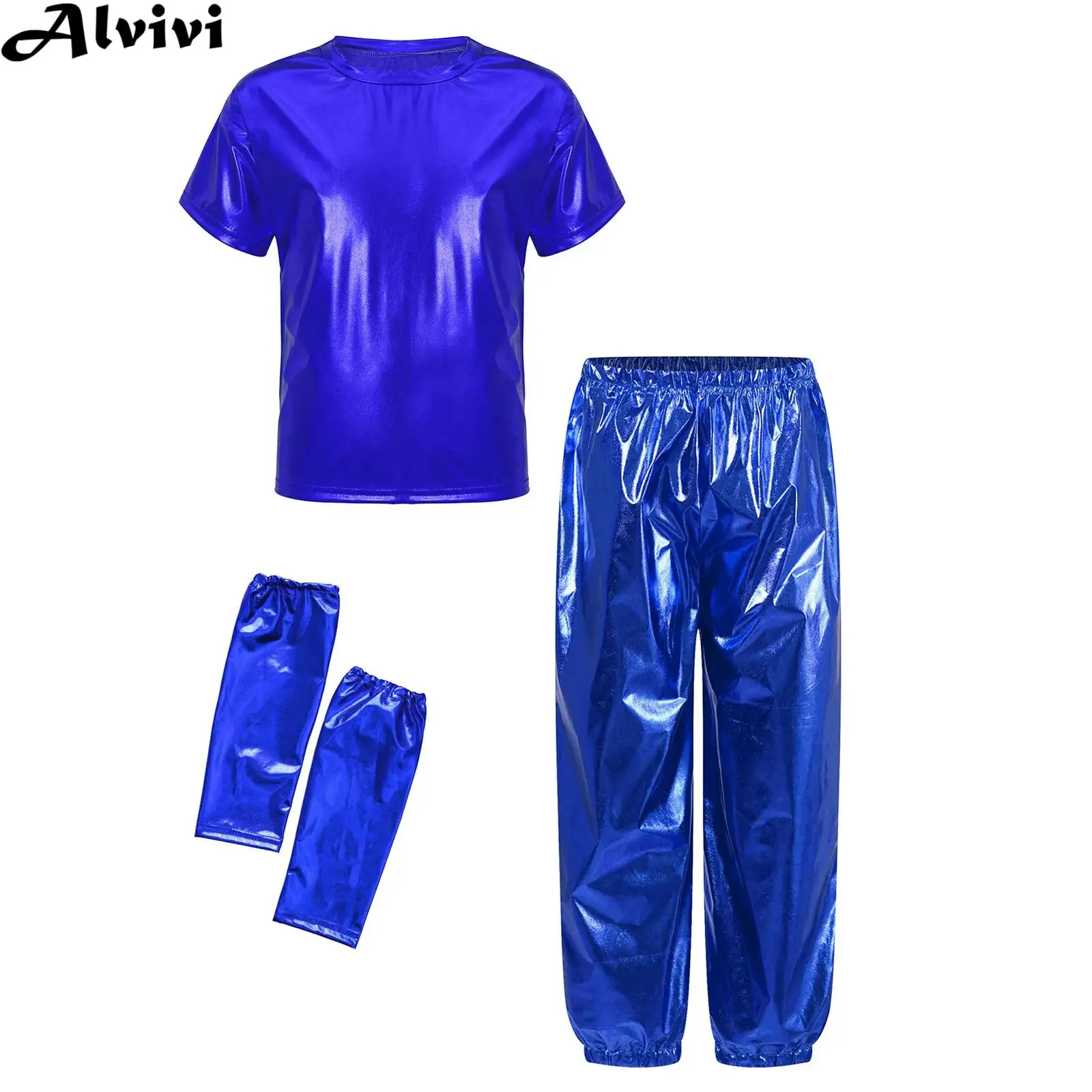 

Kids Hip Hop Jazz Street Dance Cheerleading Performance Outfit Metallic Shiny Dancewear Short Sleeve T-shirt with Pants Gloves