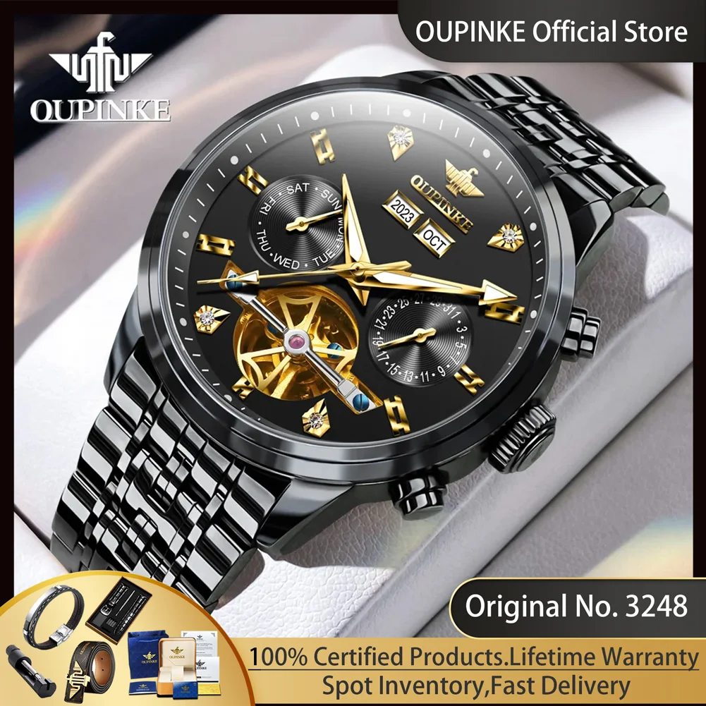 OUPINKE 3248 Hollow Automatic Mechanical Wristwatch Stainless Steel Multifunctional Business Men's Watch Skeleton Flywheel Watch