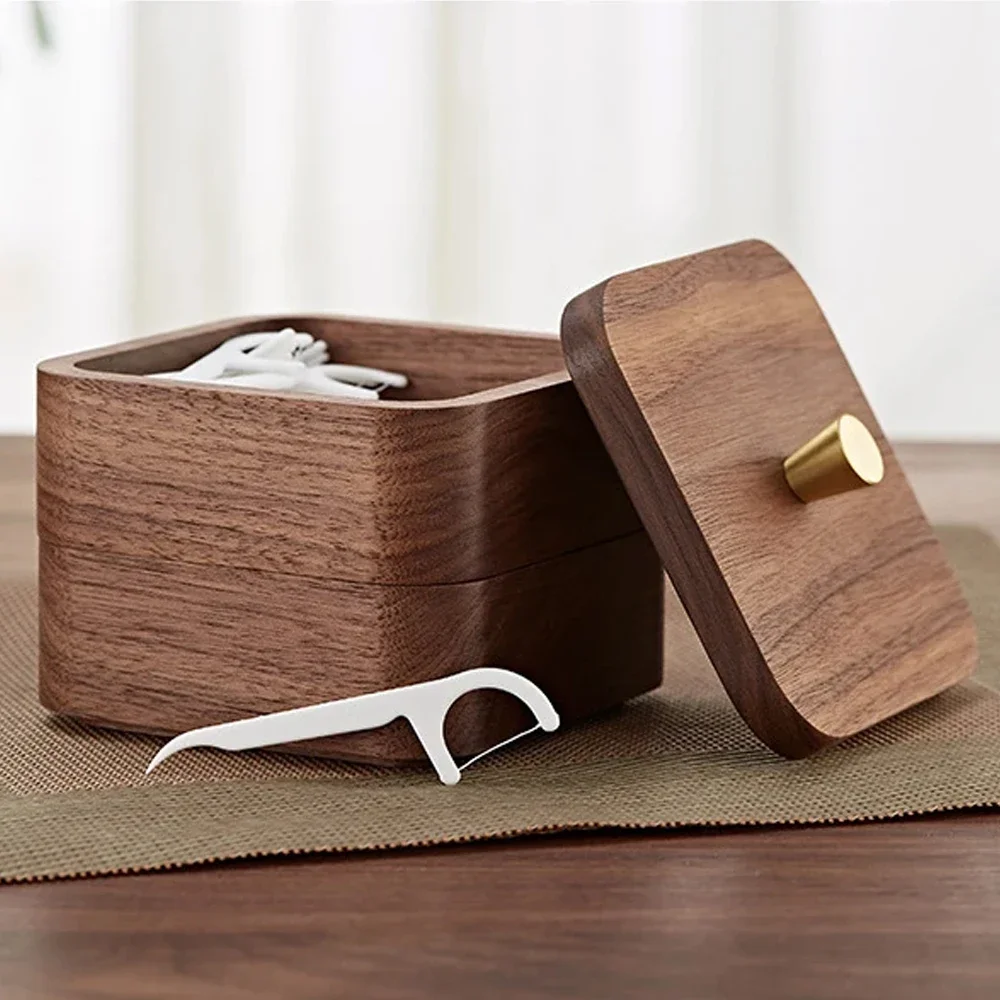 High-grade Black Walnut Wooden Dental Floss Box Double Storage Box Household Toothpick Cotton Swab Box Jewelry Storage Accessory