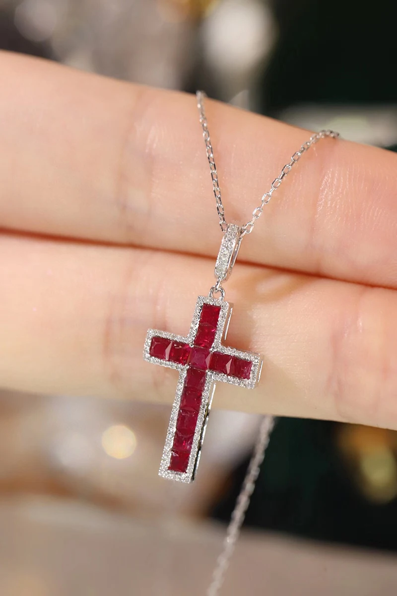 KUGG 100% 18K White Gold Necklace Elegant Cross Pendant Shiny Diamond Natural Ruby Pendant Necklace for Women High Party Jewelry