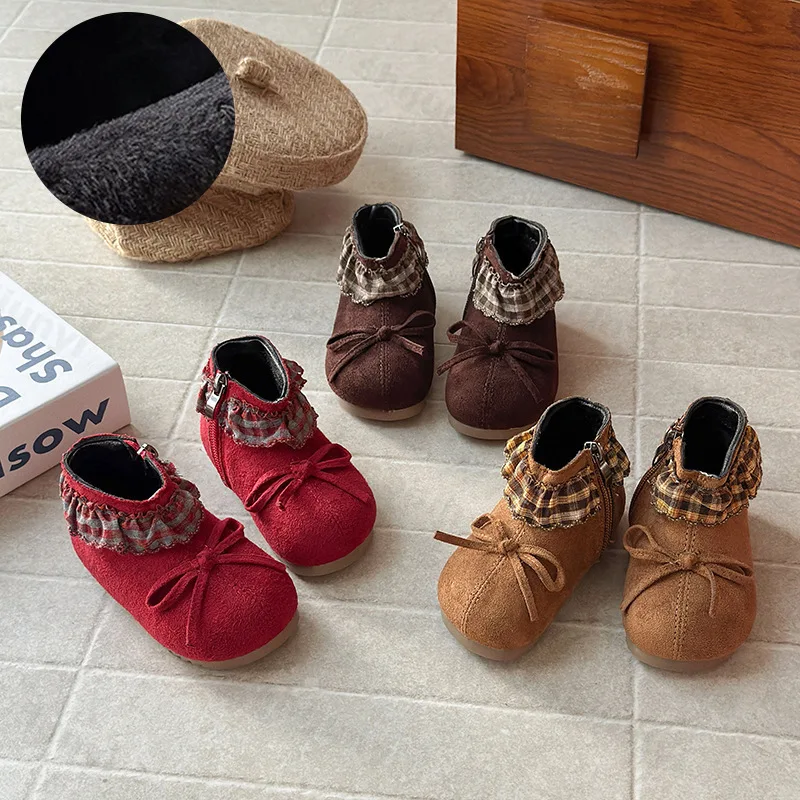 

Girls' Sweet Lace Bow Warm Hairy Short Boots 2025 Winter New Childrens Fashion Versatile Plush Comfortable Cotton Princess Boots