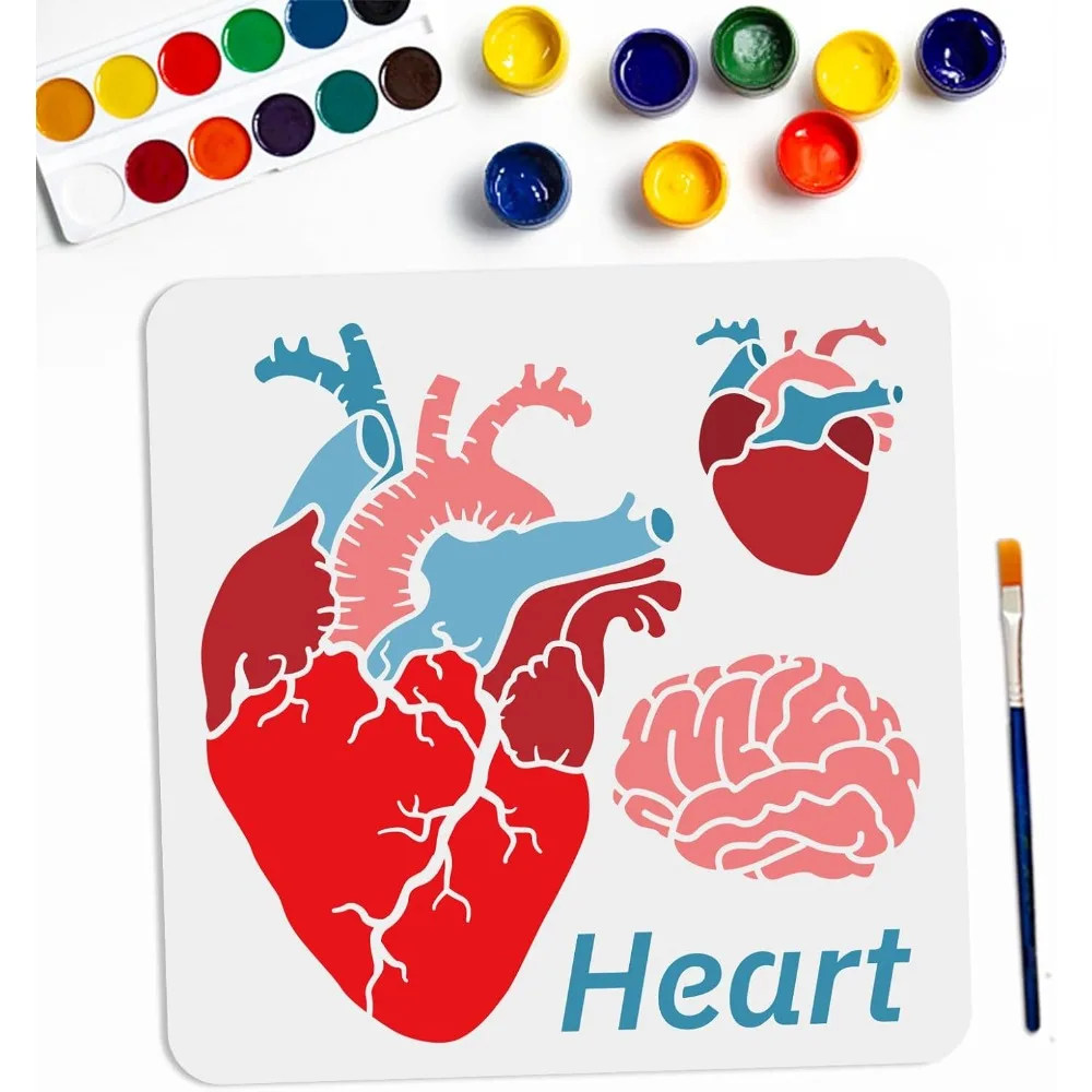 Halloween Heart Brain Stencils 11.8×11.8inch Heart Anatomical Stencil with Paint Brush Heart Stencil Template Reusable Happy