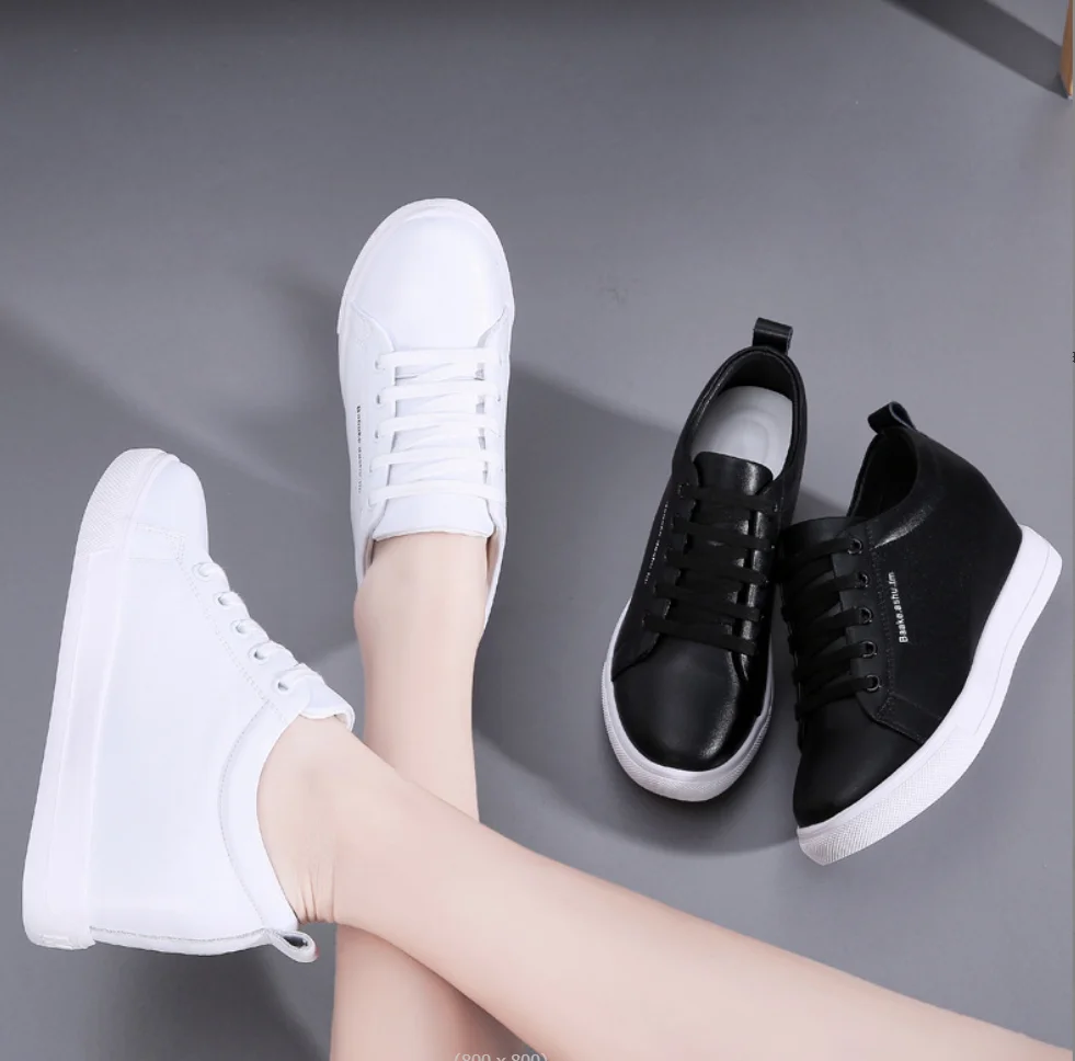 ﻿ Spring Split Leather Wedge Hidden Heel Platform Sport Sneakers Women Lace-up Casual Increas Height Shoes Women Creepers Loafer