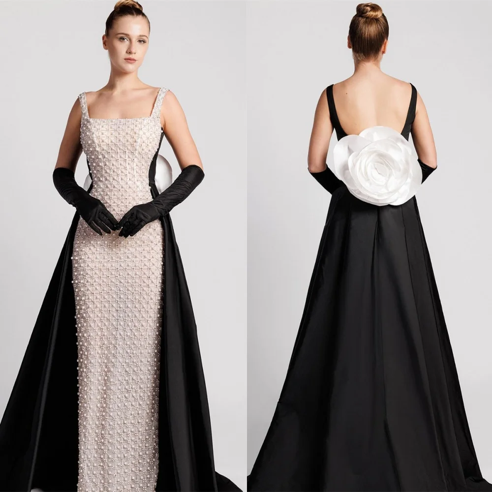 

Customized Graceful Ivory Jersey Evening Dress Formal Square Collar Spaghetti Straps Pearls Flowers Special Occasion Gowns