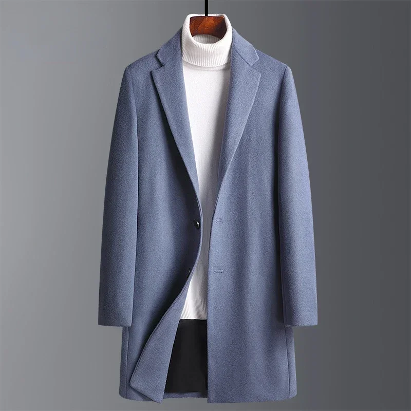 

Autumn Winter Woolen Coat Men Slim Fit Long Woolen Blend Coat Boys Thick Jacket Oversize Plus Size 3xl Blue Button Up Overcoat