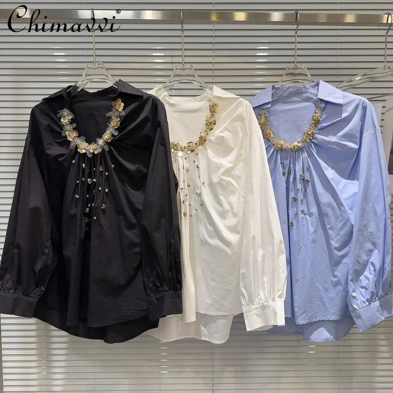 Womens 2024 Autumn New Fashion Gold Sequined Beaded Collar Shirt Top Heavy Industry Loose Long Sleeve Pullover Versatile Blouse