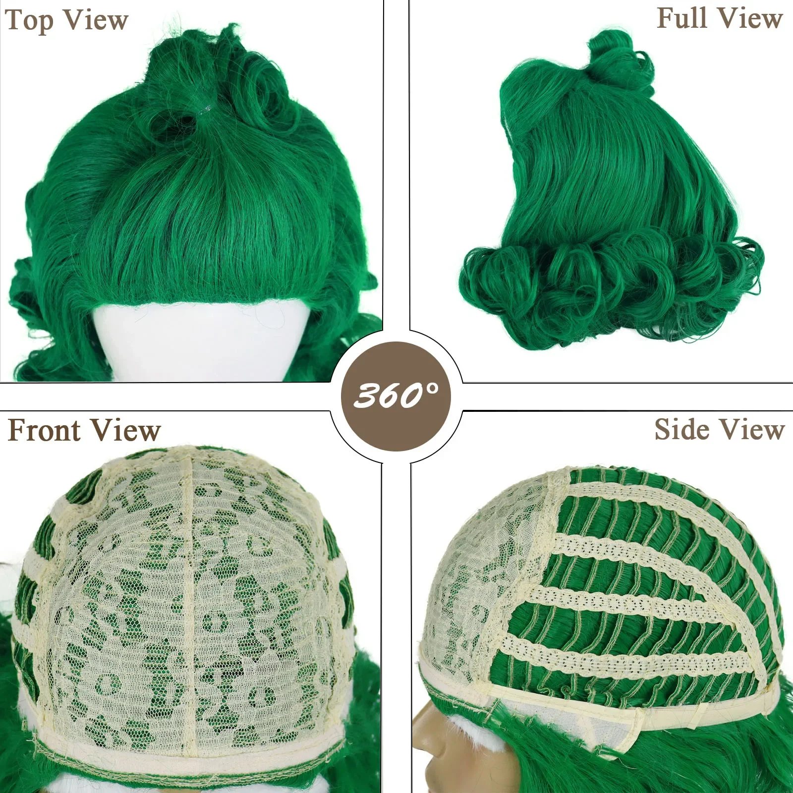 Parrucche per costumi di Halloween da uomo Parrucca sintetica per capelli cosplay di fabbrica di anime ricci corti verde scuro con sopracciglia bianche dall'aspetto naturale