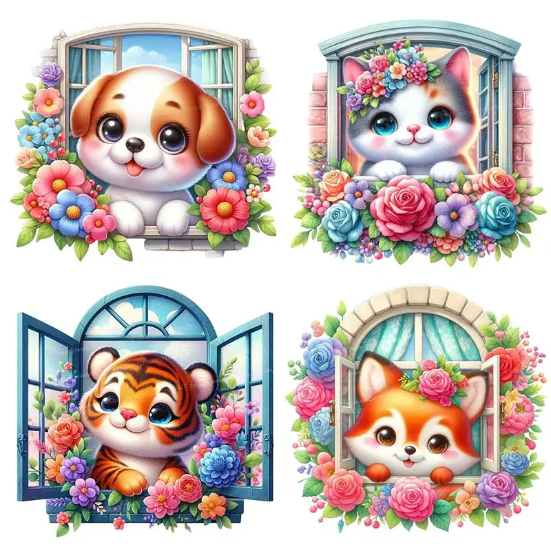 Cute Animals Looking Out of The Flower Window Wall Sticker Kids Room Bedroom Home Decoration Self Adhesive Decals M862