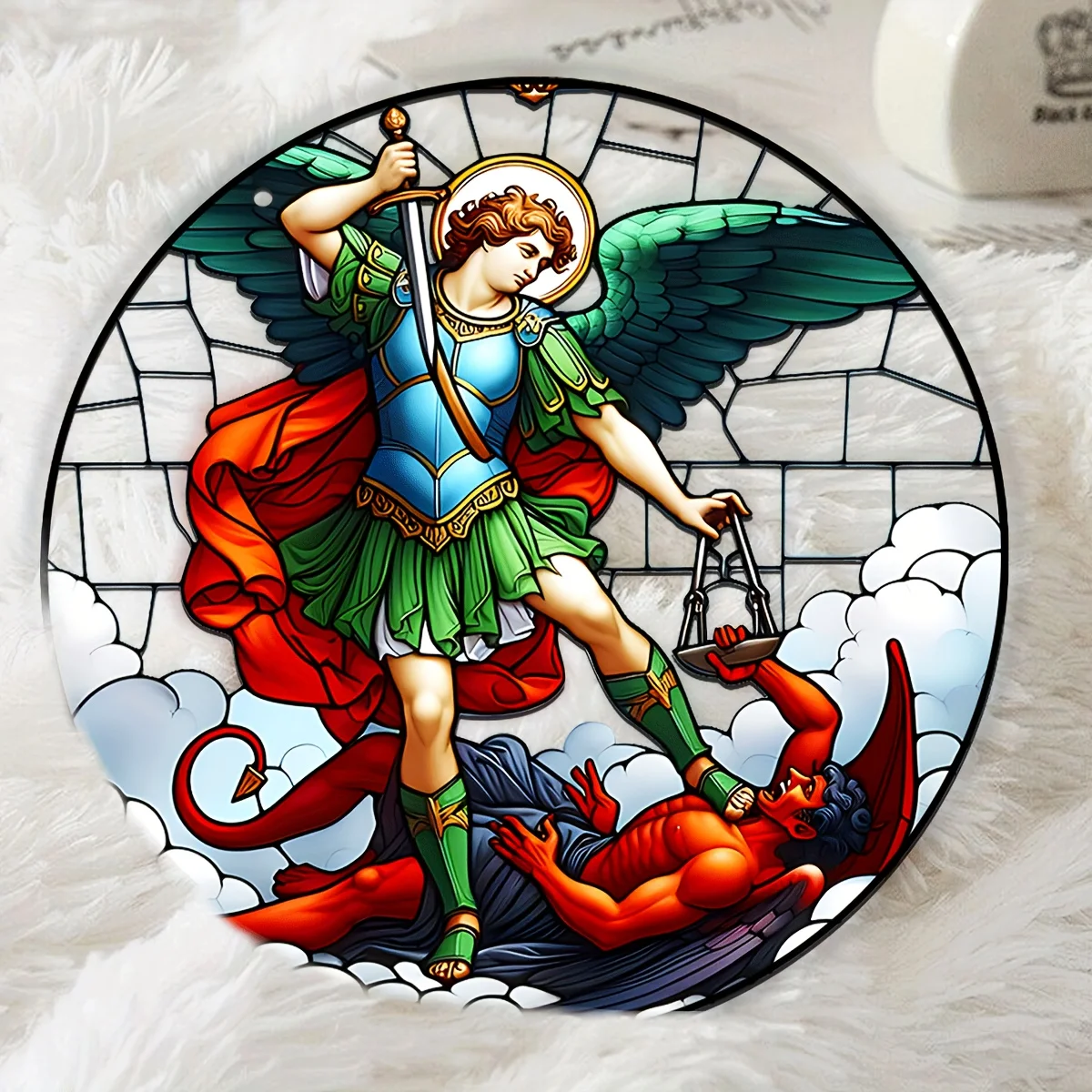 Archangel Michael Stained Glass Style Acrylic Round Sign-Vibrant Colorful Design,Pre-Drilled Holes for Easy Wall,Home Decor