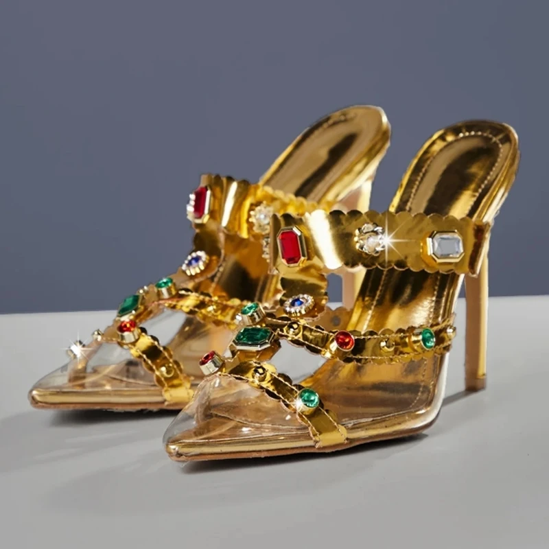 

Luxury Gemstones Pointed Toe High Heel Mules Shoes Gold Metallic Leather Transparent PVC Slip On Women Slippers