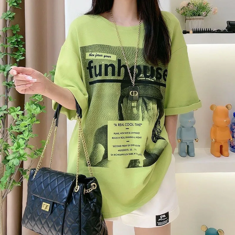 

Fashion O-Neck Loose Short Sleeve Printed Letter T-Shirts Women Clothing 2024 Summer New Oversized Korean Tops Casual Tee Shirt