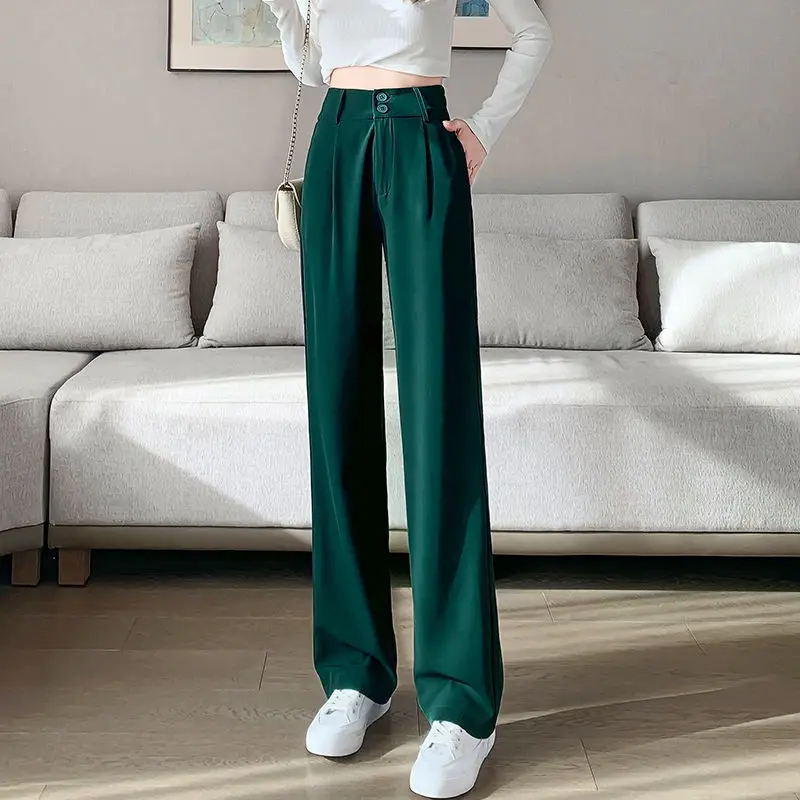 Dark Green Ice Silk Suit Wide-Leg Pants for Women Ladies Office Pants Autumn High Waist Drooping Straight Loose Casual Trousers