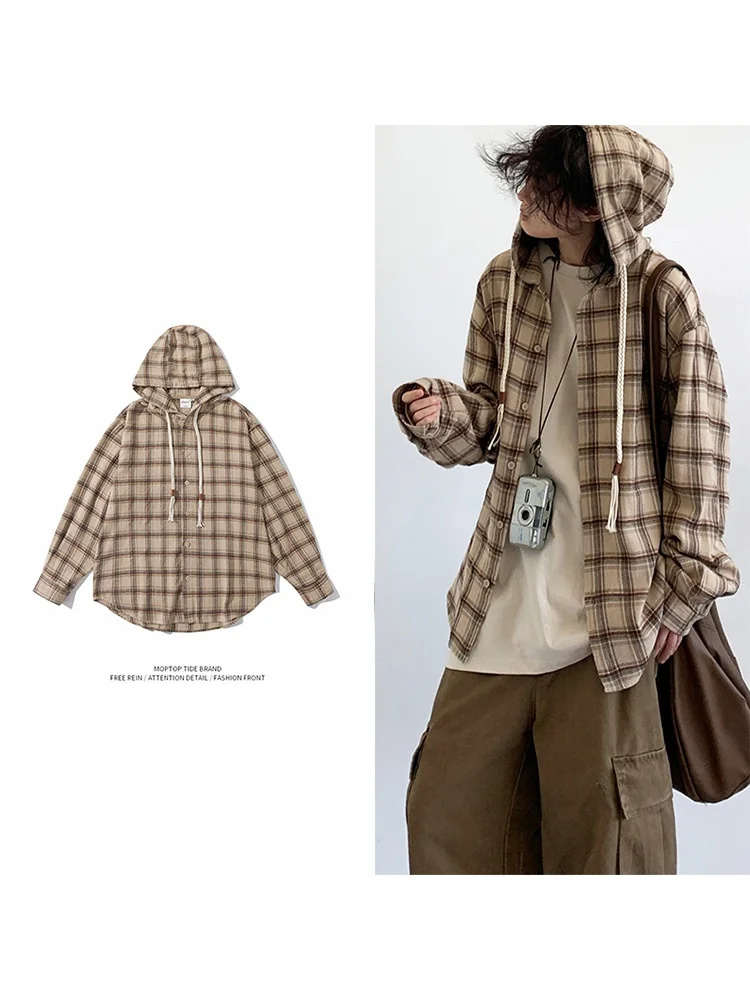 

Mr WH Новая осенняя винтажная куртка с капюшоном irt ex Plaid Loose Long Sve irt Jaet Youth Faion из полиэфирного волокна, всесезонные
