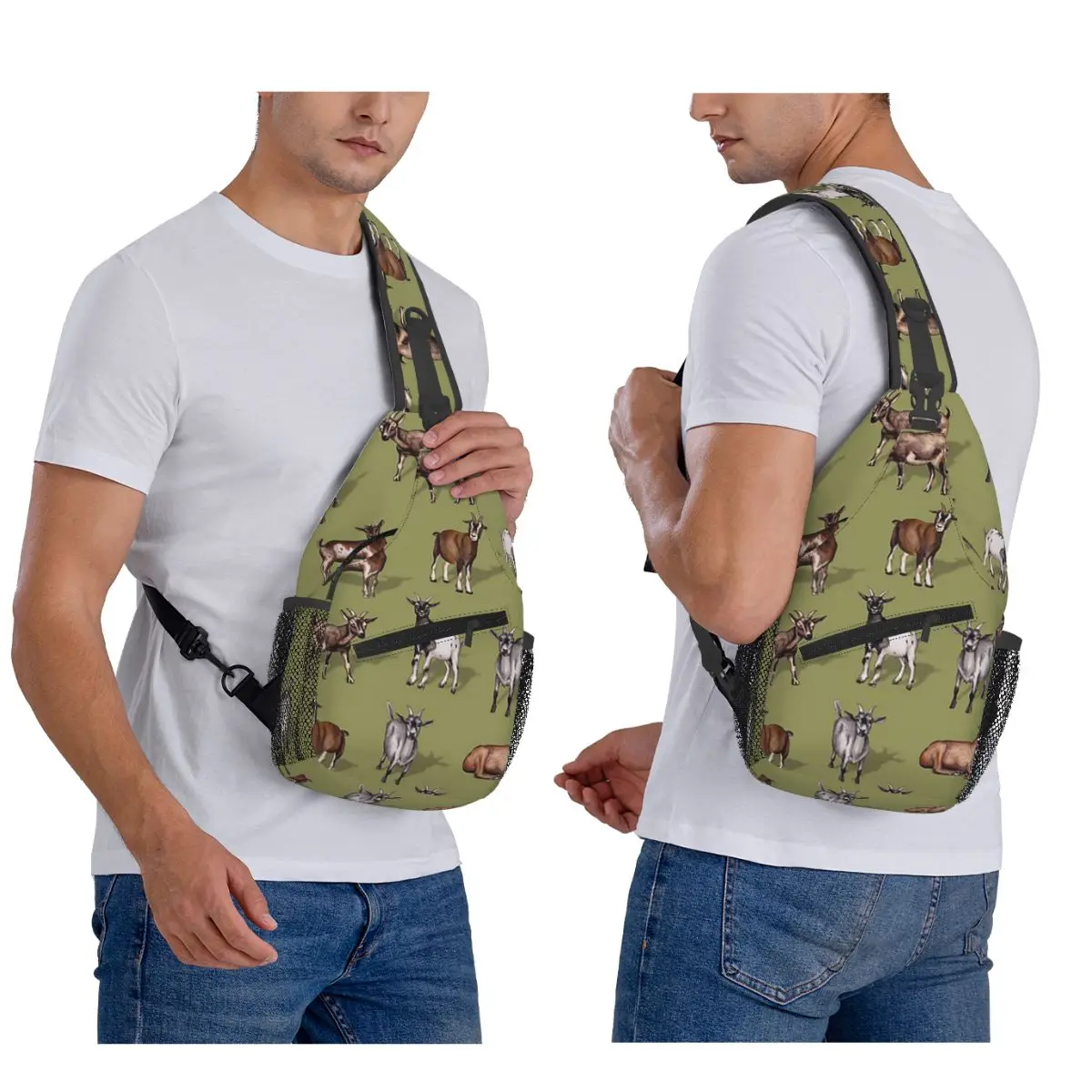 Tiny Goats On Green - Goat Herd Pattern Chest Bag Men Sling Crossbody Backpack Chest Bag Traveling Hiking Daypack Shoulder Bag