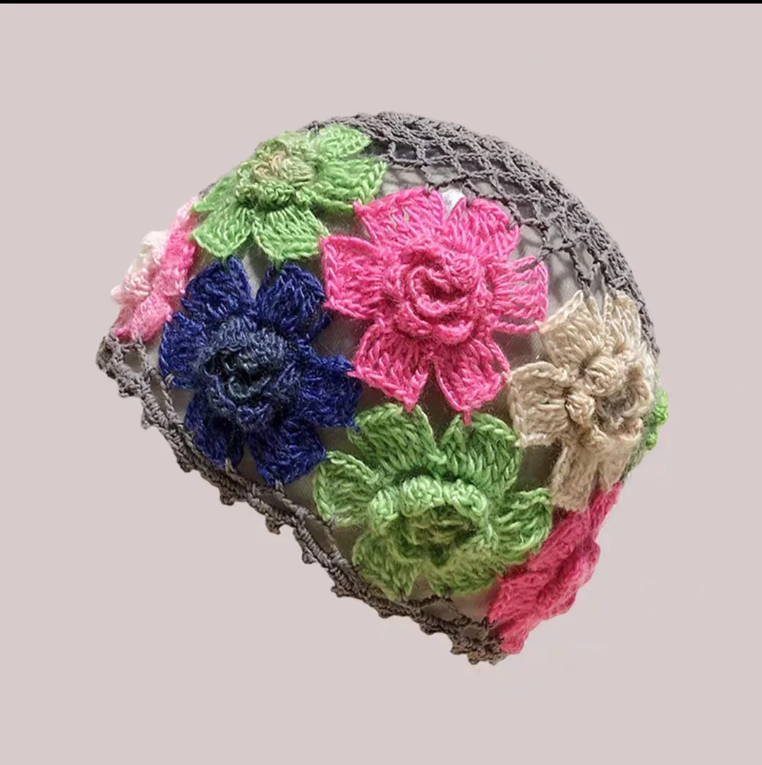 Spring and Summer New Style Literary and Artistic Colorful Flowers Hollow Baotou Cap Female Sweet Fashion Knitting Wool Cap Melo