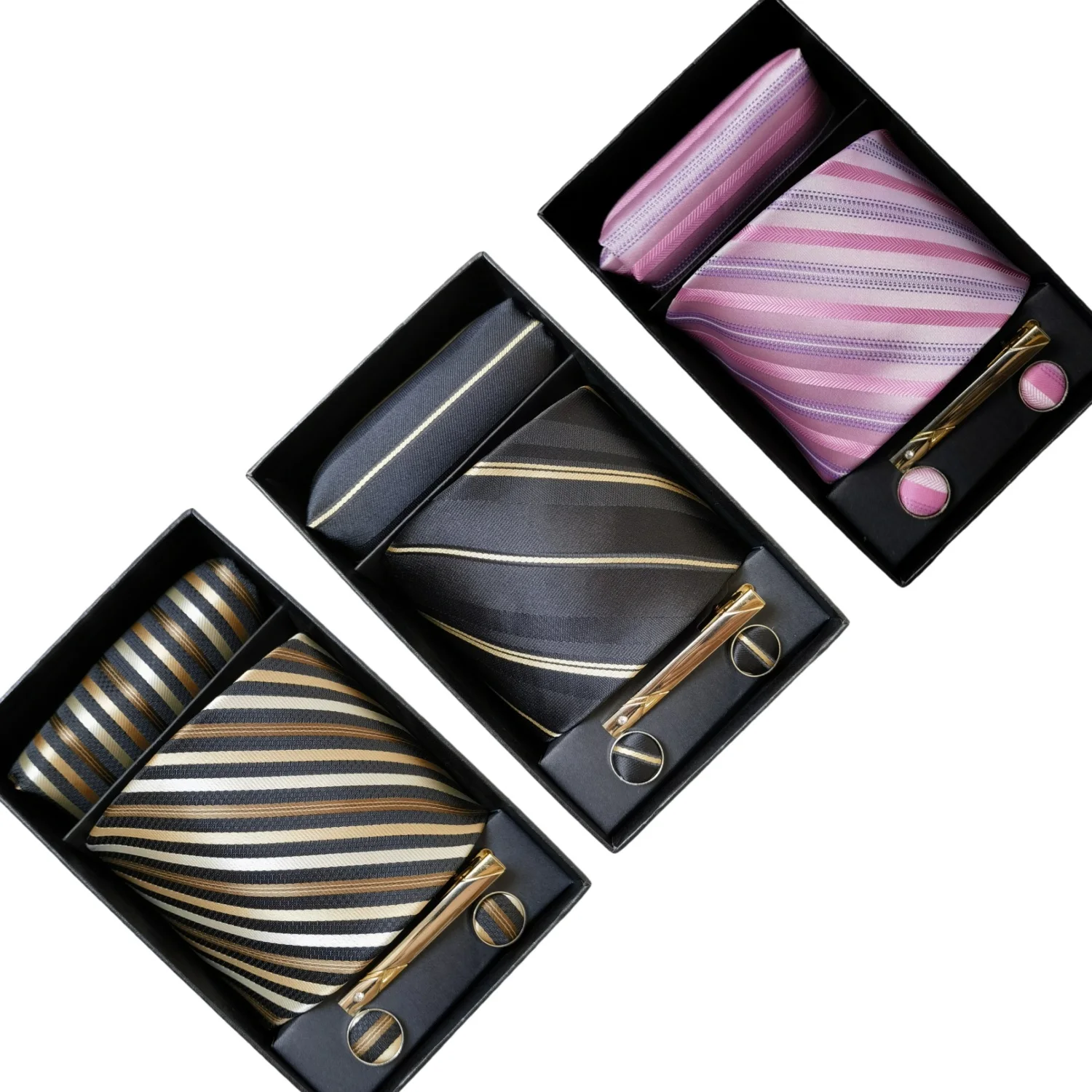 8 cm gestreifte Krawatten für Herren, Einstecktuch-Set, Manschettenknöpfe-Set mit Box, glänzender Clip, hochwertige Business-Anlässe, Hochzeit, Party