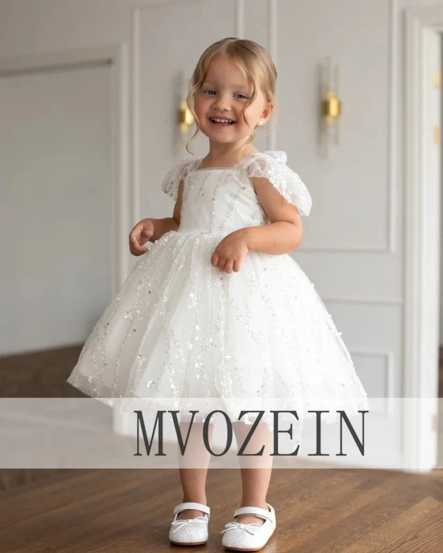 Kids' Dresses Flower Girl Dress Girl Dresses White Sequin Tulle Puff Sleeve A-Line Gown Backless Bow Wedding Party Toddler