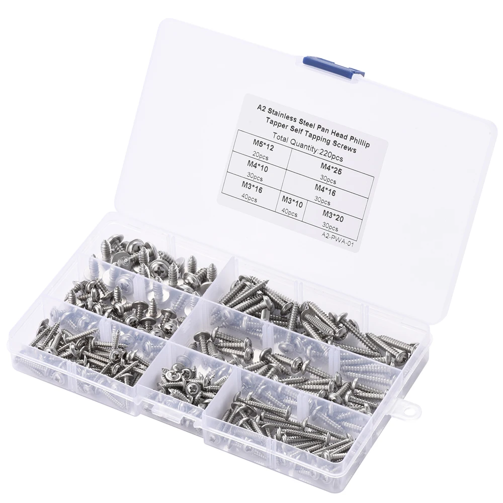 220pcs PWA Self-tapping Screw M3 M4 M5 304 Stainless Steel Cross Round Pan Head with Washer Collar Wood Screw set