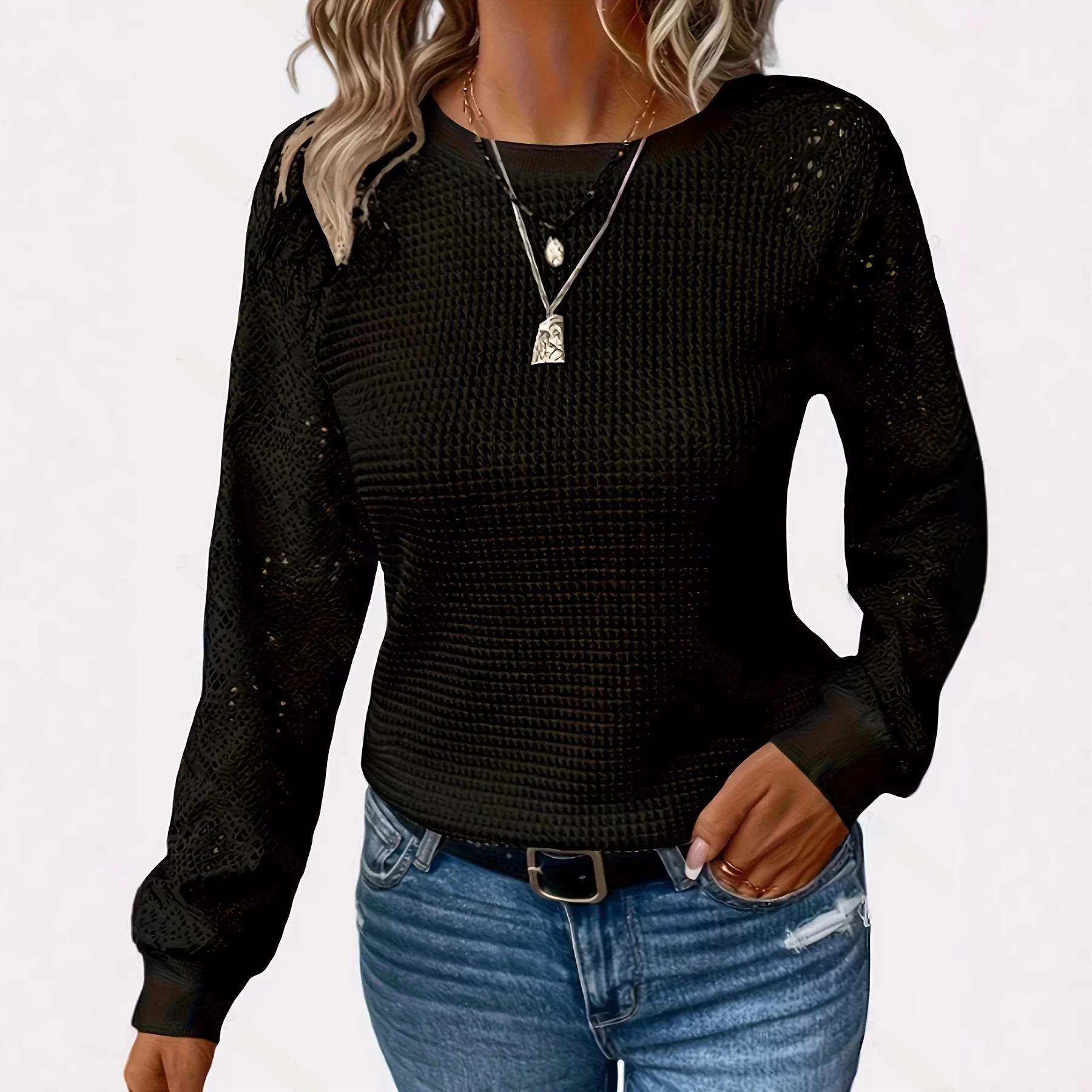 Casual Lace Long Sleeve round Neck T-Shirt Pure Color Hollow out Splice Girl's Top Breathable Polyester Spring Summer Fashion