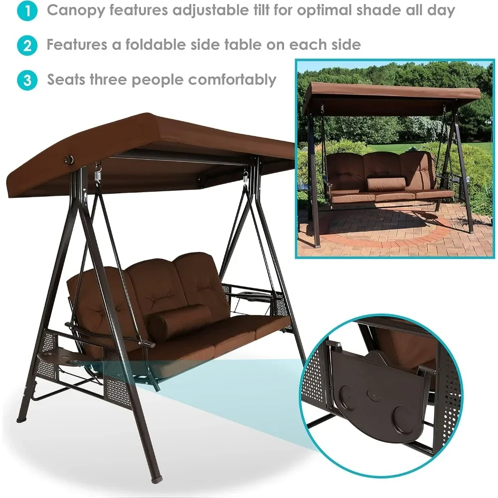 3-Person Steel Patio Swing Bench with Adjustable Tilt Canopy - Cushions and Pillow Included - Brown