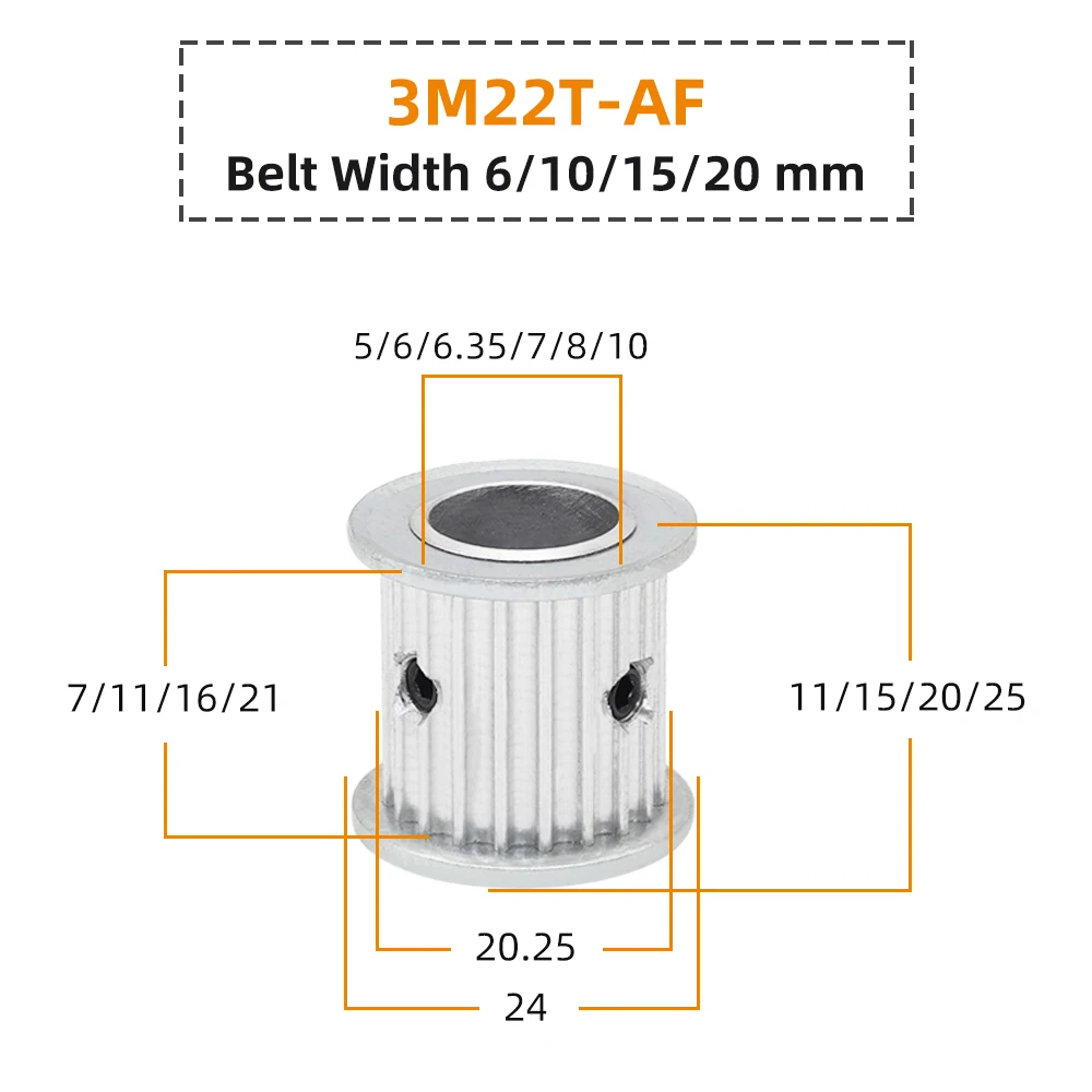 22Teeth Belt Pulley 3M 22T Circle-arc Teeth Pitch 3 mm Alloy Pulley Bore 5/6/6.35/8/10/12 mm Width 6/10/15/20 mm 3M Timing Belt