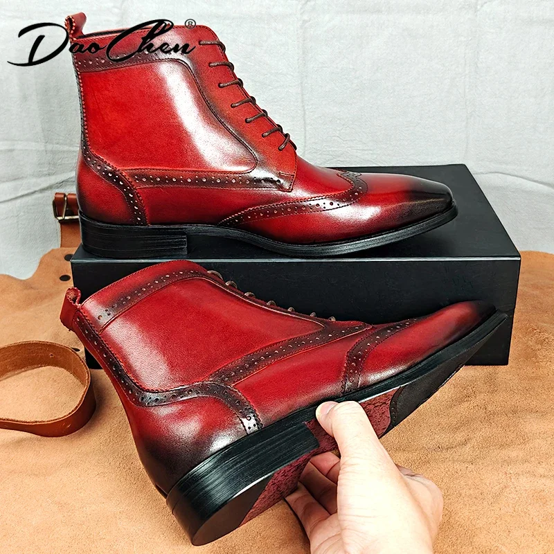 Handmade Autumn Winter Mens Ankle Boots Luxury Quality Pointed Lace Up Casual Dress Boots Shoes Genuine Leather Boots For Men