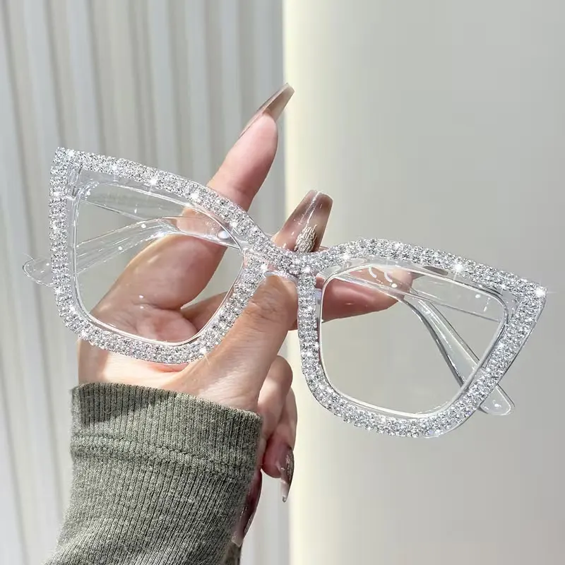 New European and American Style Large Square Frame High-Quality Versatile Light Luxury Diamond-Encrusted Elegant Reading Glasses for Women, Enhancing a Youthful Look, Elegant and Artistic, Simple Design, Made of Pc Material, with Prescriptions from +1.0 to +4.0, Suitable for Computer/Tv/Mobile Phone Use, Ideal for Daily Computer Office Work