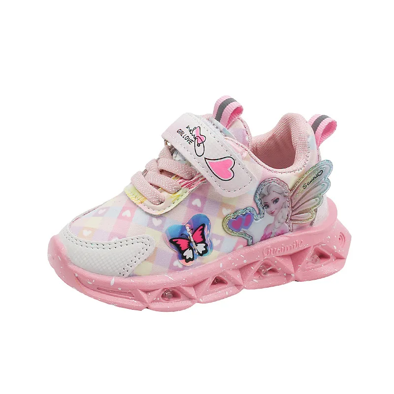 Disney-Chaussures décontractées princesse Elsa pour enfants, rose, violet, cuir léger brillant, mode légère, chaussures de sport pour filles, nouveau, 2024