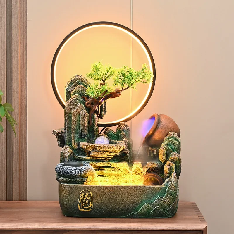 Rockery flowing water,wealth fountain,circular ornament, creative living room new Chinese style desktop humidifier, opening gift