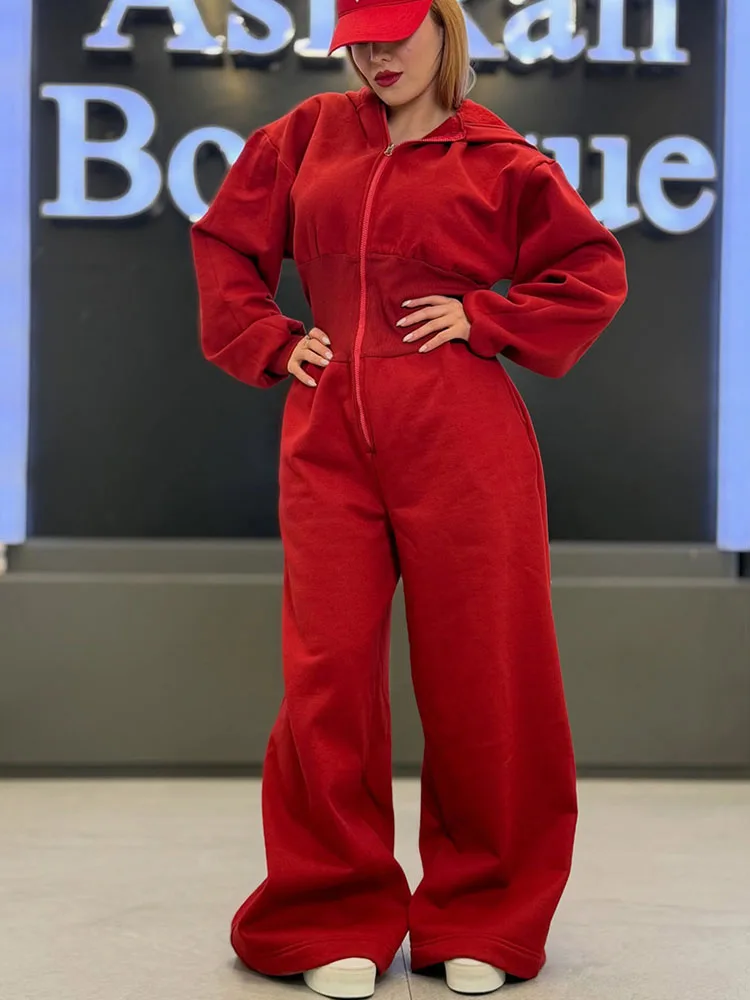 

Doyerl Solid Casual Loose One Piece Jumpsuit Women Autumn Winter Front Zipper Hooded Sporty Rompers and Jumpsuits Tracksuits