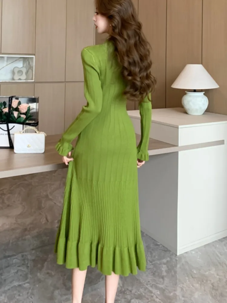 Autumn Solid Knitted Dresses for Women Single Breasted Chic Flared Sleeve Ruffles Hem Casual 2024 Female Office Elegant Robes