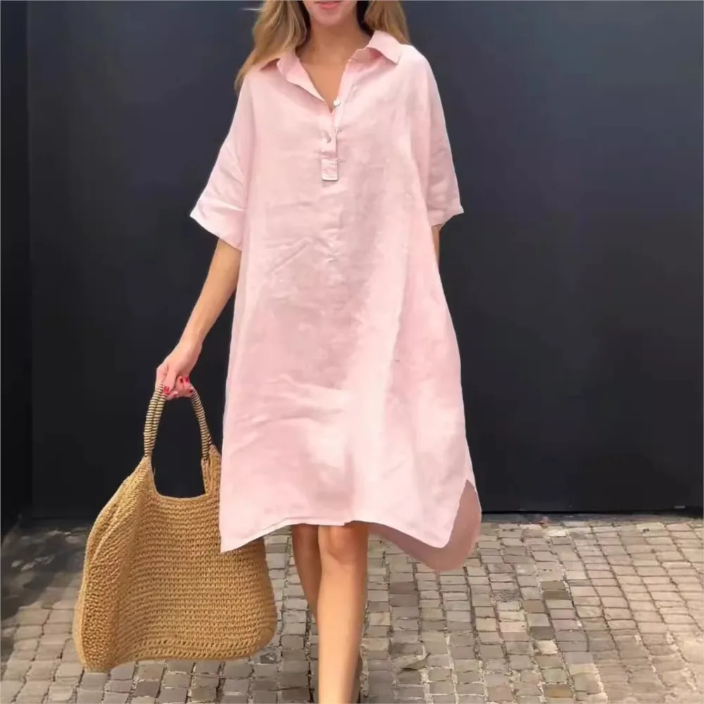 Fashionable Irregular Knee Length Swing Dress 2024 Women's New Cotton And Linen Solid Color Casual Lapel Button Long Dress Robe