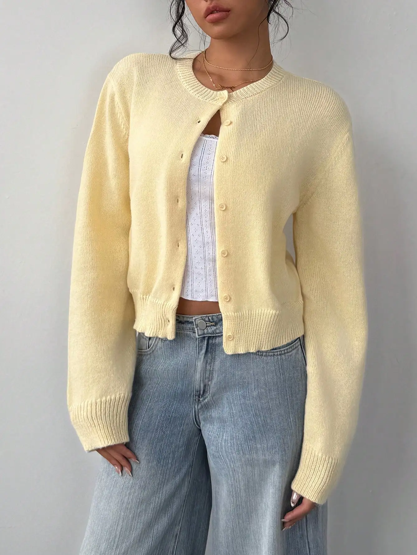 

Butter Yellow Cropped Knit Cardigan Sweater with Button Front and Ribbed Trim