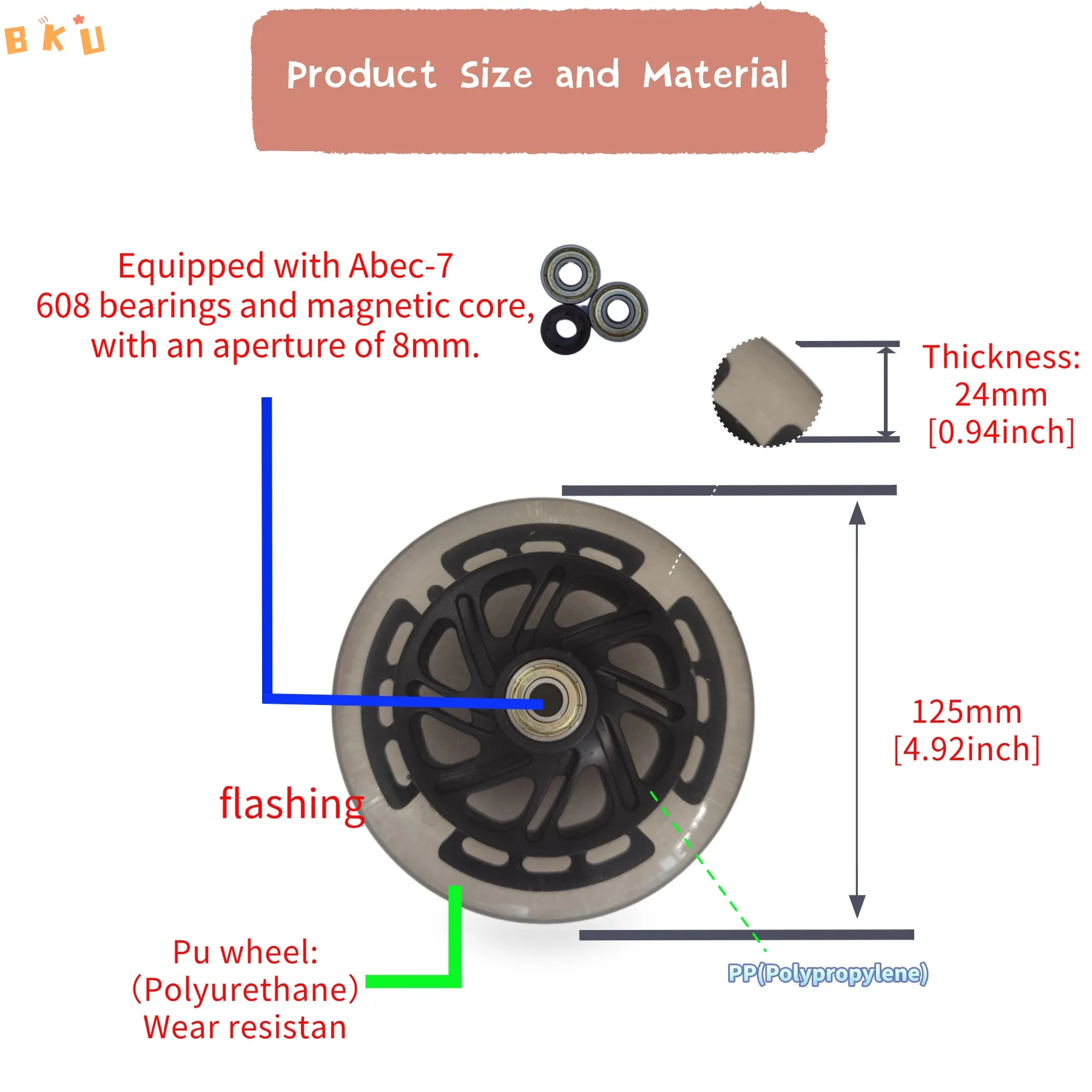 125mm LED Light-Up Wheels 2-Pack - Replacement for Scooters & 3-Wheel Single-Row Inline Skates