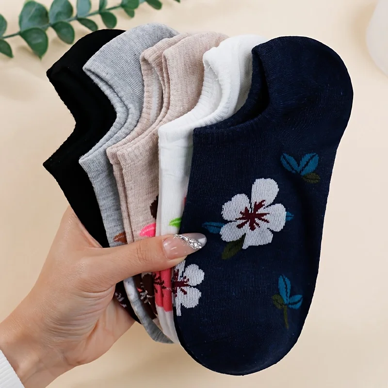 

5 Pairs Of Spring And Summer Women's Sweet And Cute Flowers, Versatile, Comfortable, Casual, Breathable, Shallow Mouth Boat Sock