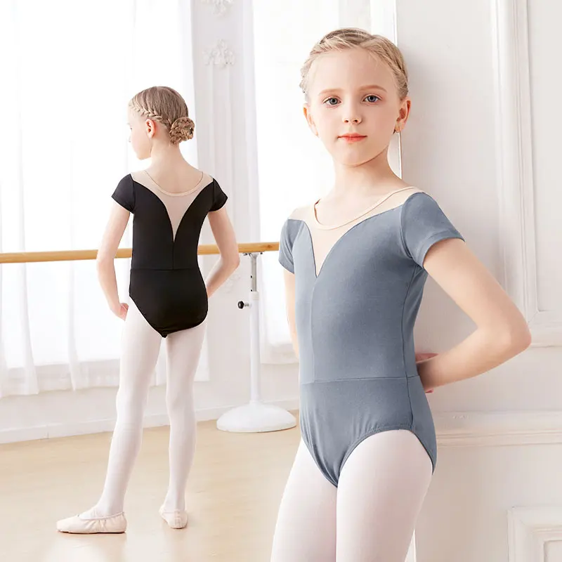 Maillot de Ballet para Niñas Adolescentes, Maillot de Gimnasia con Malla, Traje de Ballet de Manga Corta Negro, Disfraces de Ballet para Niñas