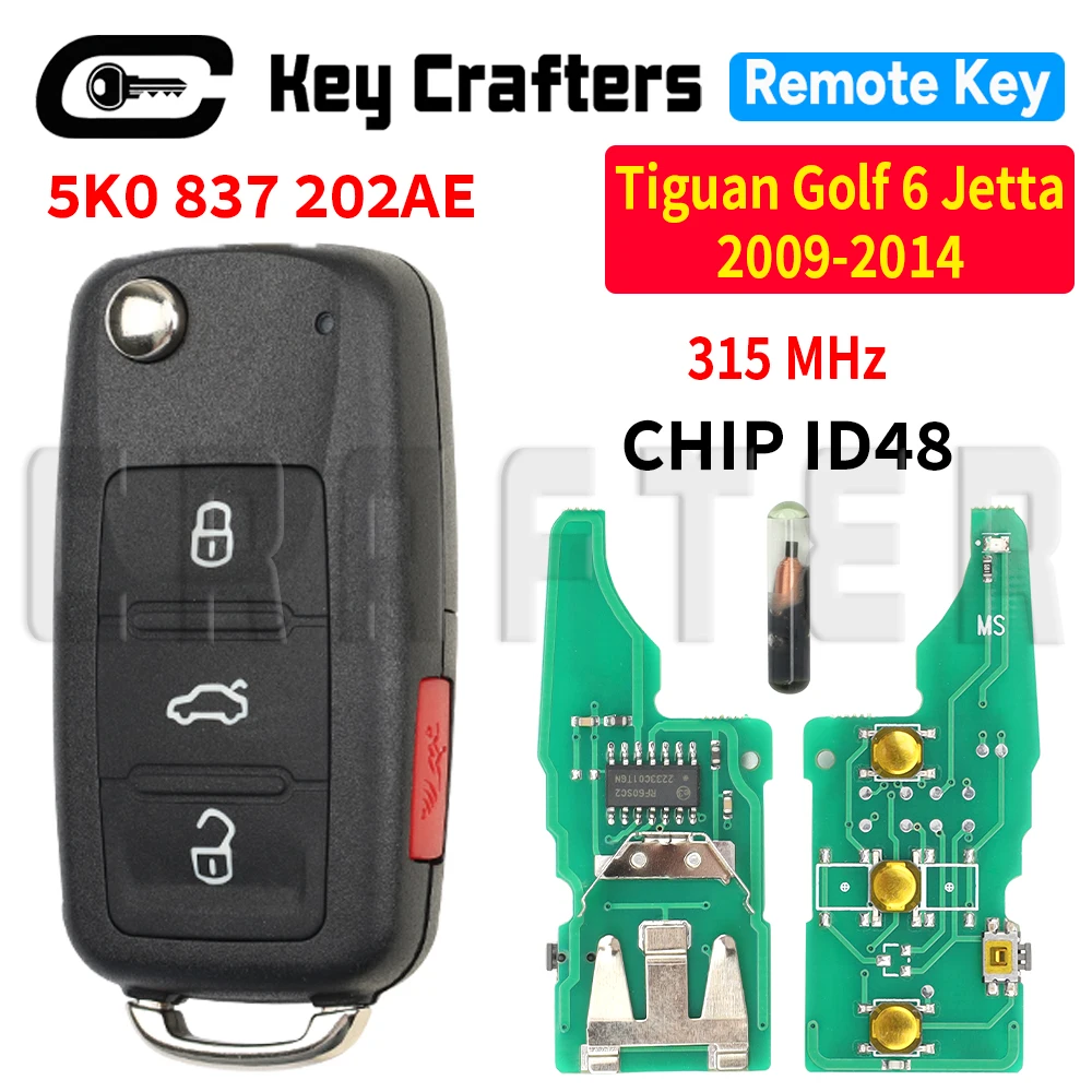 

Key Crafters 5K0837202AE 315MHz CHIP ID48 Flip Remote Car Key With Emergency Button For VW Volkswagen Tiguan Golf 6 Jetta Skoda