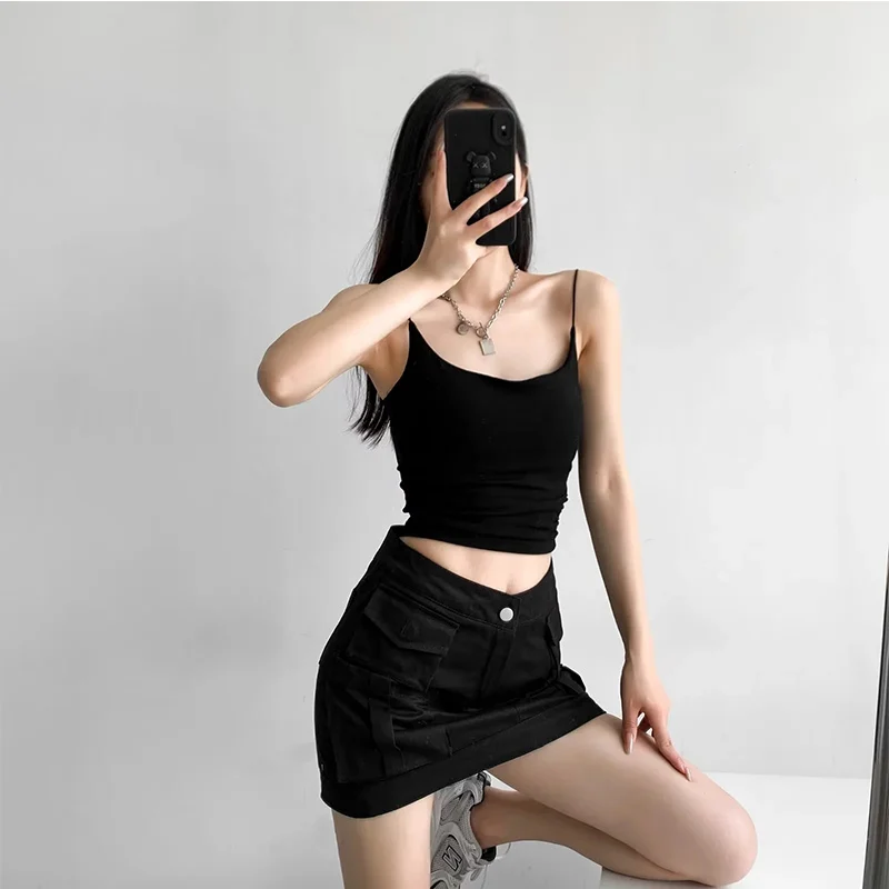 

Strap Square Collar Pleated Crop Vests 2024 Summer New Sexy Women's Sling Vest