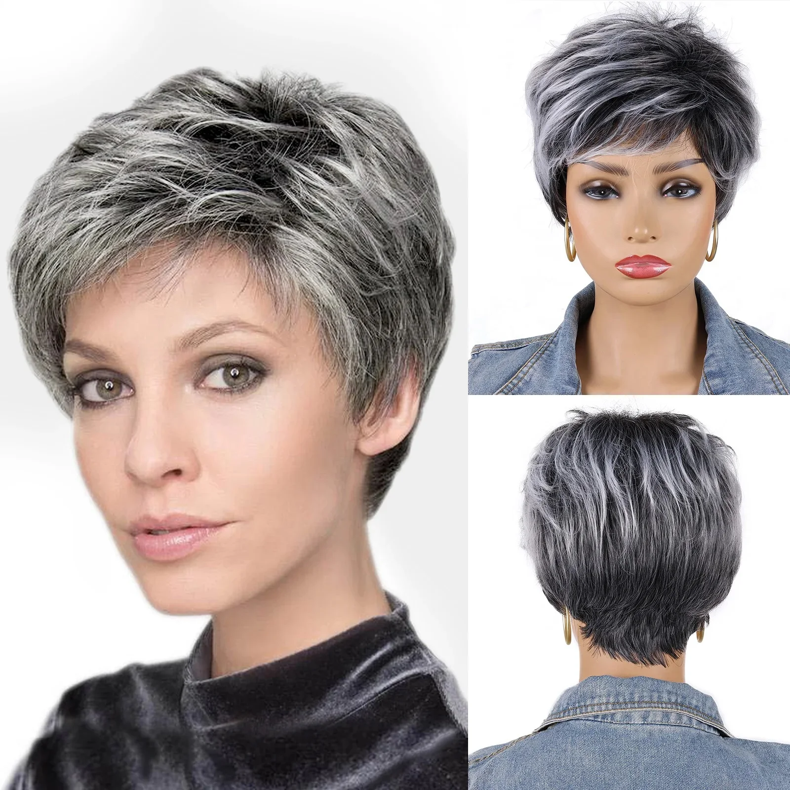 

Soft & Healthy Synthetic Mommy Hair Natural Grey Ombre Short Curly Wigs with Bangs Daily Cosplay Party Wig for Women