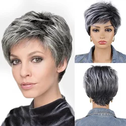 Pelucas rizadas cortas con flequillo para mujer, pelo de mamá sintético suave y saludable, color gris Natural, Ombre, fiesta de Cosplay diaria