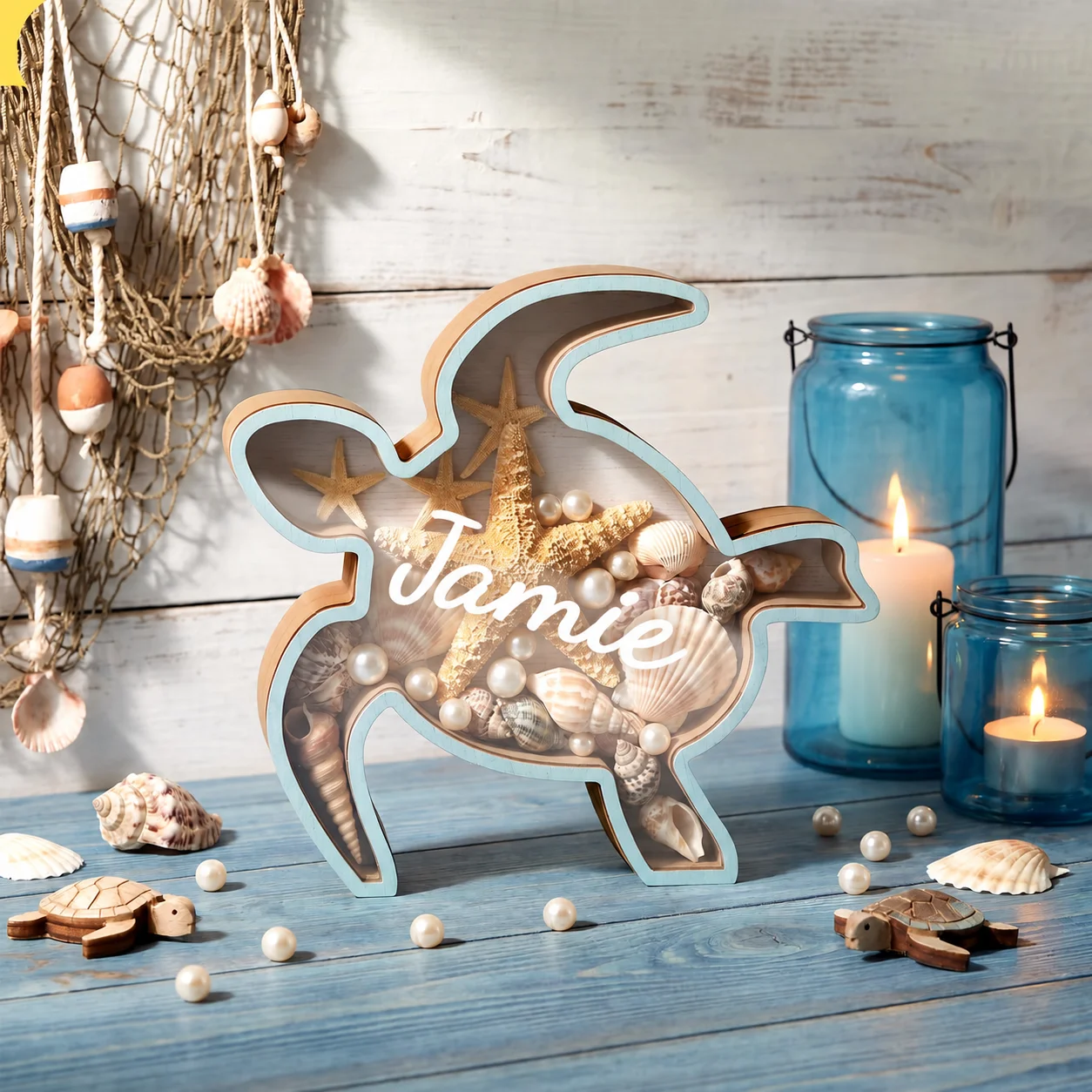 1pc Personalized Sea Turtle Shell Collection Box Custom Wooden Seashell Holder with Acrylic Window for Beach Treasures Sea Glass