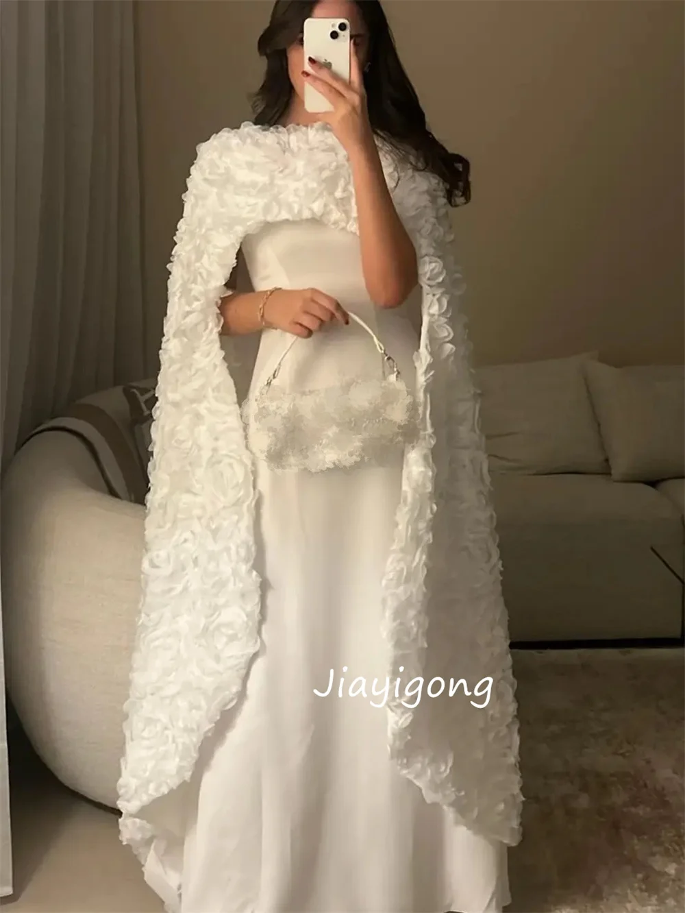 Customized High Quality Jersey Flower Pleat Trumpet Jewel Long Dresses Bespoke Occasion Party Fashion Modern Style