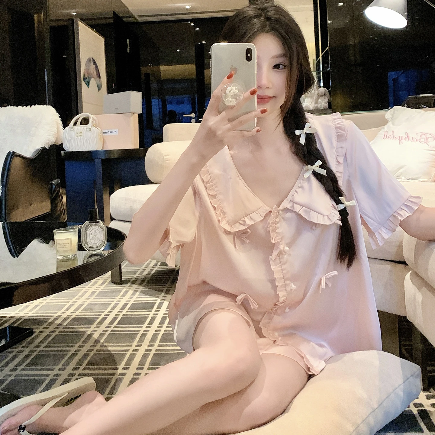2025 Summer New Sexy Short Sleeve Ice Silk Pajamas for Women with Bow Cute Doll Collar Homewear Two-Piece Set