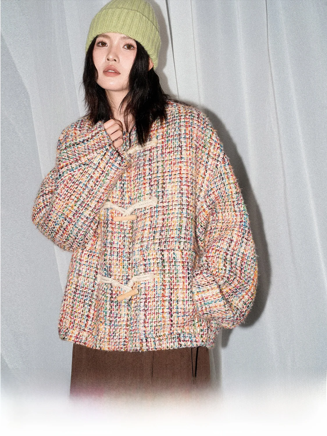 

Женский твидовый вязаный жакет JINGU Heavyweight в стиле французского шика, с длинными рукавами, приталенный крой