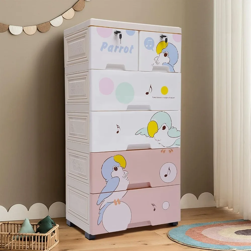 Plastic Drawers Storage Dresser 6 Drawer Storage Cabinet Storage Bins Removable Wheels Kids Nightstand with Parrot Pattern for