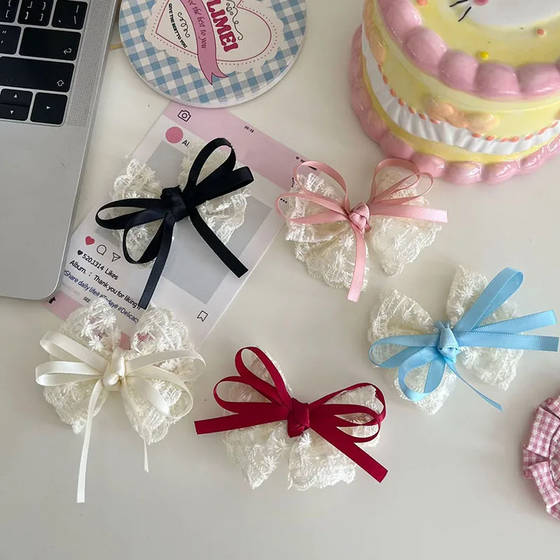 Horquillas con lazo de encaje francés para niña, cinta larga blanca, tocado de Lolita para niños, pinzas para el cabello dulces coreanas, accesorios para el cabello para niños
