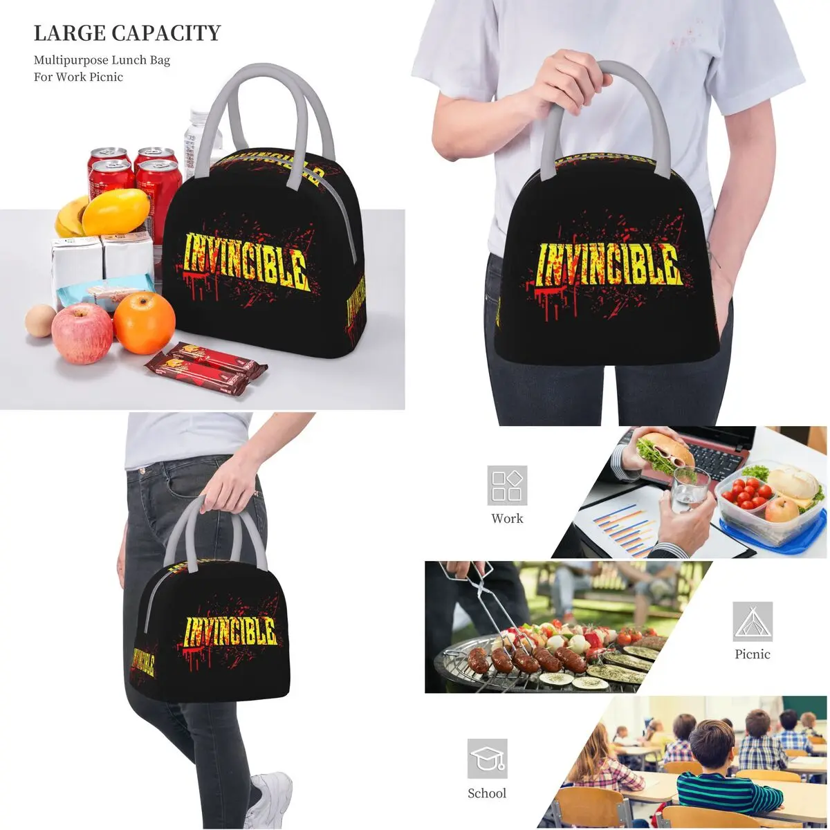 Insulated Lunch Boxes Invincible Amazing Hero Anime Cartoon Logo Merch Lunch Container Y2K Thermal Cooler Lunch Box For Travel