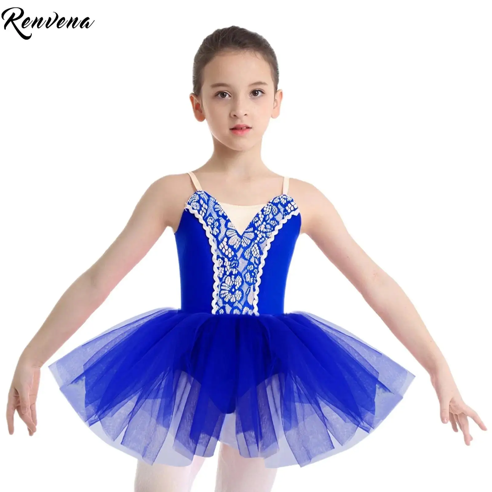 Girls Ballet Tutu Dress Dance Performance Costume with Adjustable Straps Sleeveless Front Lace Leotard Lyrical Dance Costumes