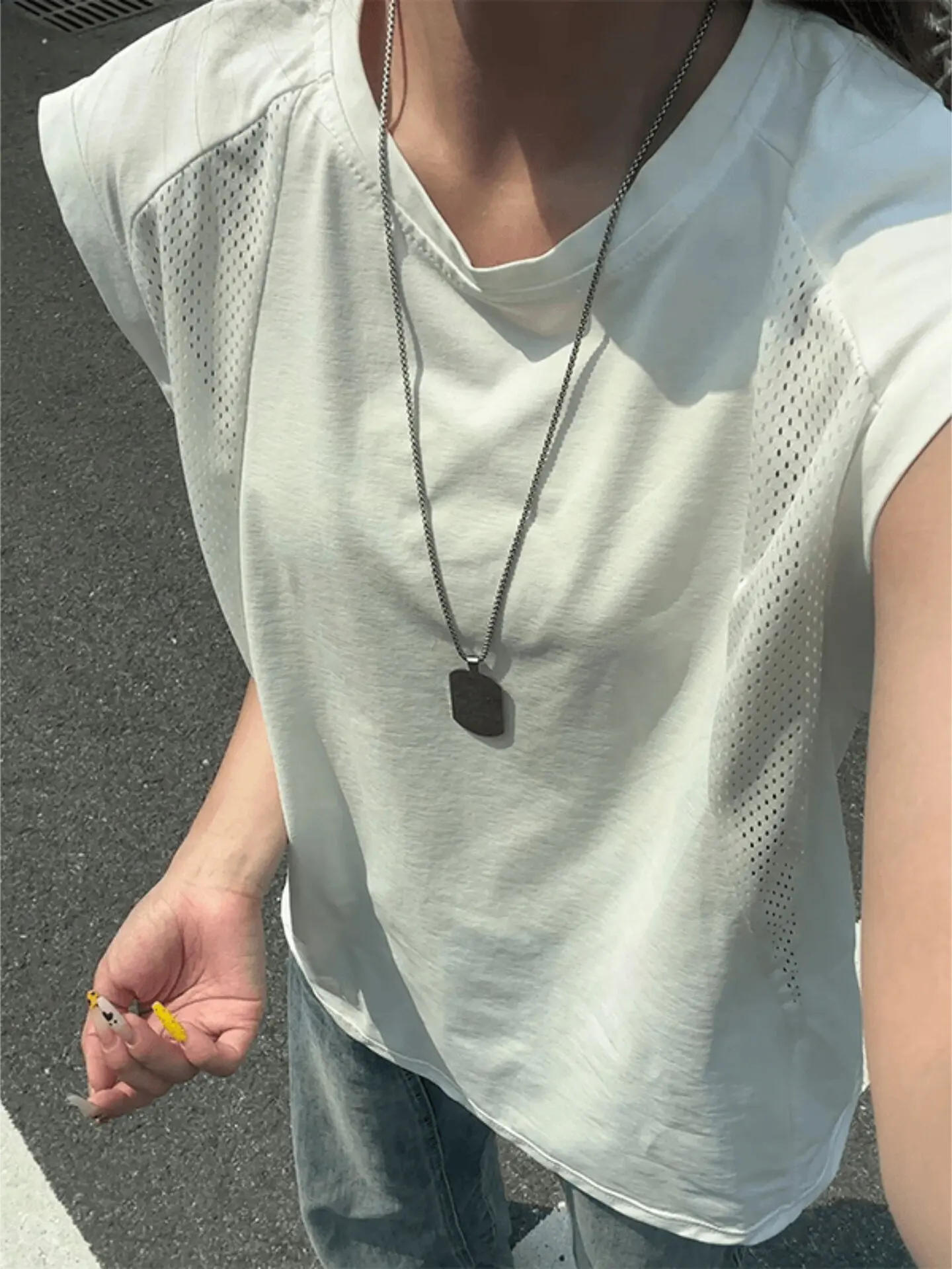Men's Thin Deconstructed Mesh Quick Dry Sleeveless Tank Top Summer Sport Fitness Sweatshirt Breathable round Neck Casual Style