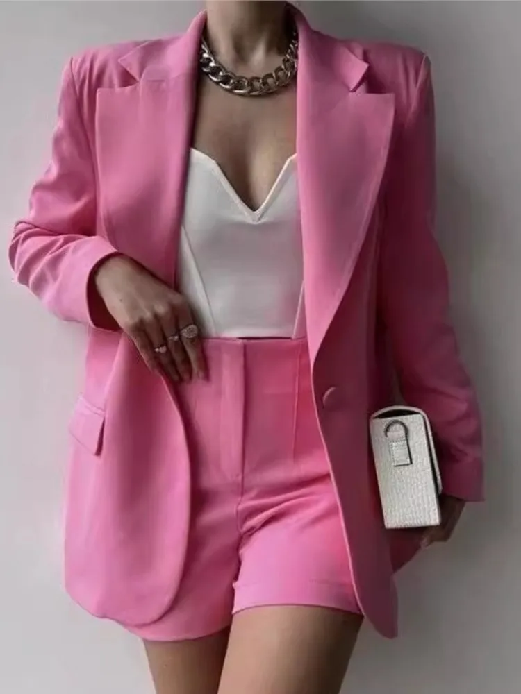 Blazer solido primavera estate Abito slim a due pezzi Donna Elegante colletto dentellato Blazer a maniche lunghe Top e pantaloncini con cerniera Abiti da festa